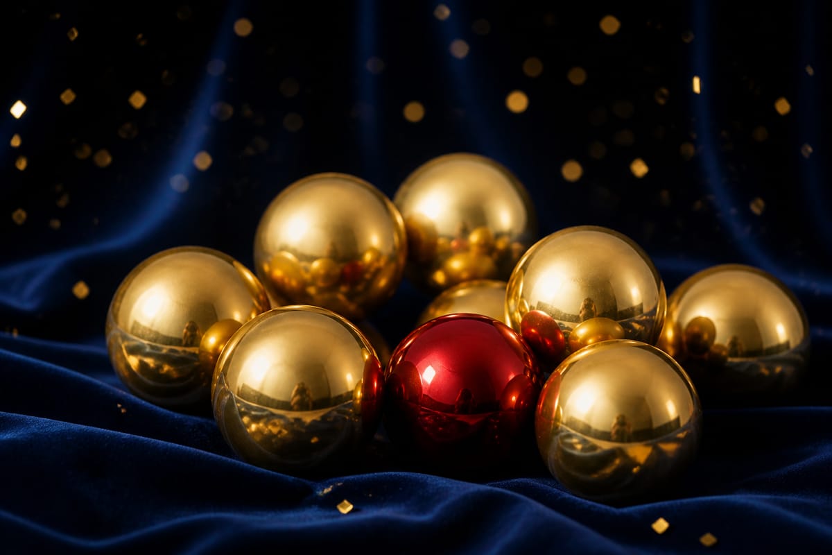 Gold and crimson lottery balls on navy velvet